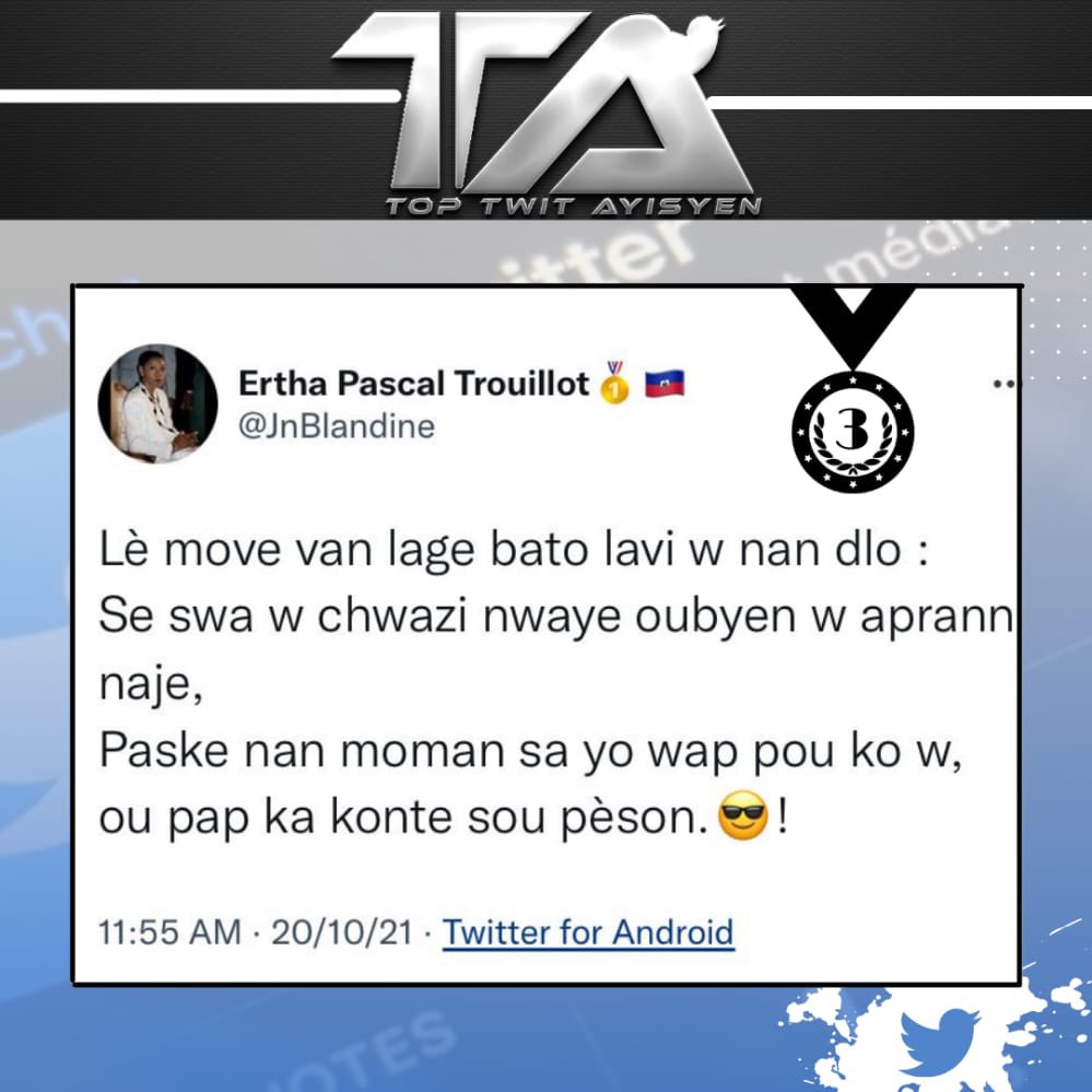 intellectvotre's tweet photo. Ekip #intellectuellement #Vôtre la ankouraje vivman,inisyativ louwab sila,ki motive de jou an jou,plis moun ekri bagay ki pozitif olye bagay ki denigran,kote ke jodi a se @LaJamis @jnclaudelbenoit ak @JnBlandine ki sòti kòm gayan,nou pwofite swete ekip @top_twit_ht an siksè.🥇🇭🇹! https://t.co/kNnwicMOfu