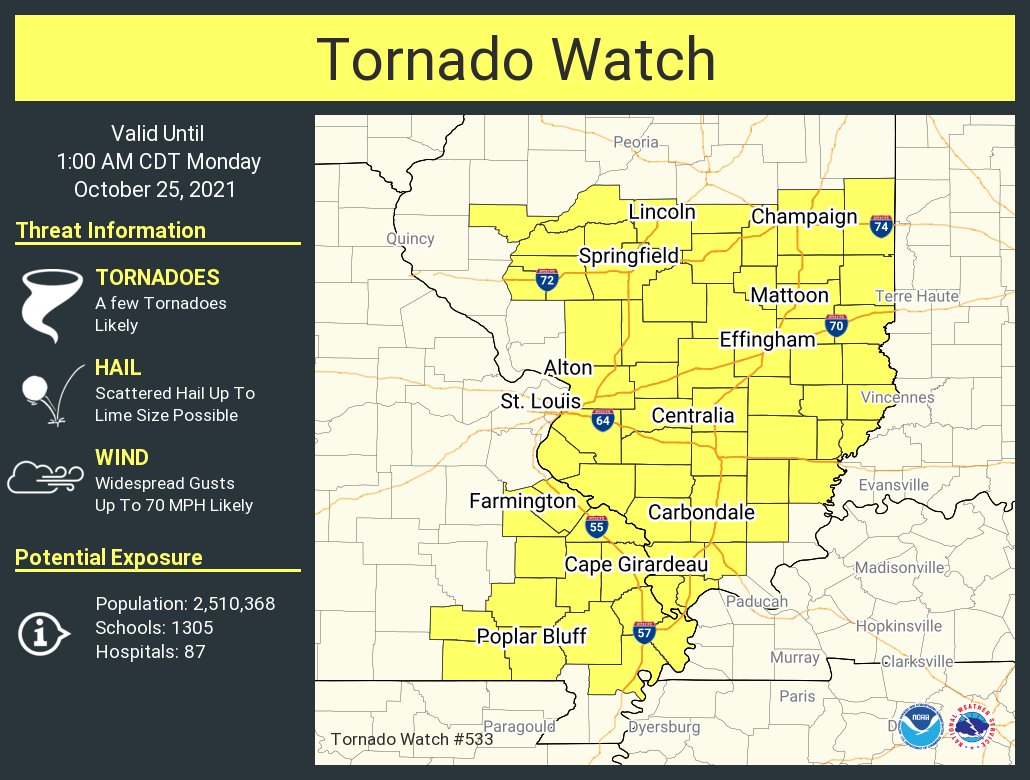 A tornado watch has been issued for parts of Illinois and Missouri until 1 AM CDT