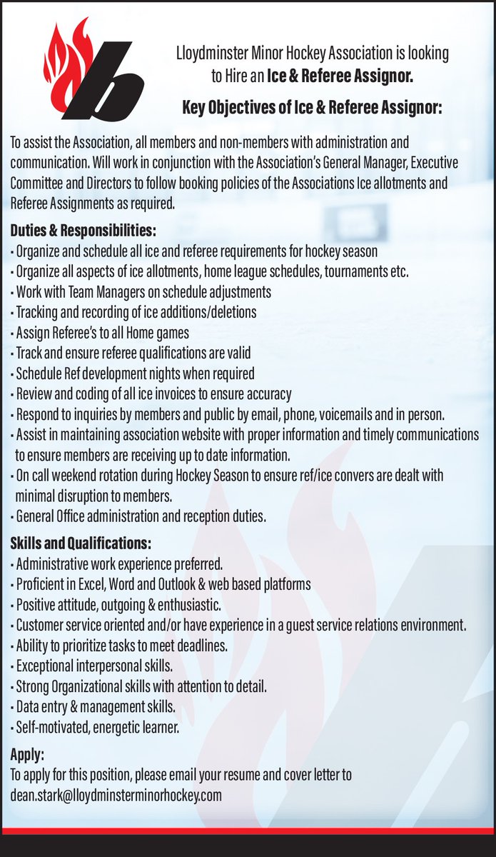 LMHA is looking to hire a motivated individual to join our team as a Ice &amp; Ref Scheduler. See job posting attached. If interested, please send resume's to dean.stark@lloydminsterminorhockey.com <a href="/HockeyAlberta/">Hockey Alberta</a> 
#hockeyforlife #lloydminster