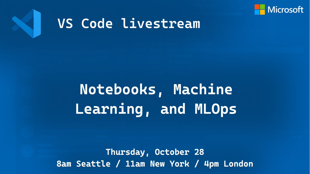 Moar notebooks in VS Code!! 📒 On Thursday's livestream, <a href="/DynamicWebPaige/">👩‍💻 Paige Bailey</a> and @ClaudiaRegio are talking about Jupyter, #Python, and ML, with VS Code and @GitHub
Add to your calendar 🗓 aka.ms/code-livestrea…