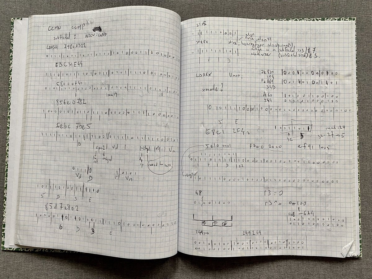 jfbastien's tweet photo. I have a notebook from 2009 filled with page after page of notes on hex and binary encoding of the Armv8 instruction set. All of the instructions. Some detail clever patterns in the encoding, because I was writing a decoder for the binary translator, it had to be small and fast. https://t.co/113SGs1tk5
