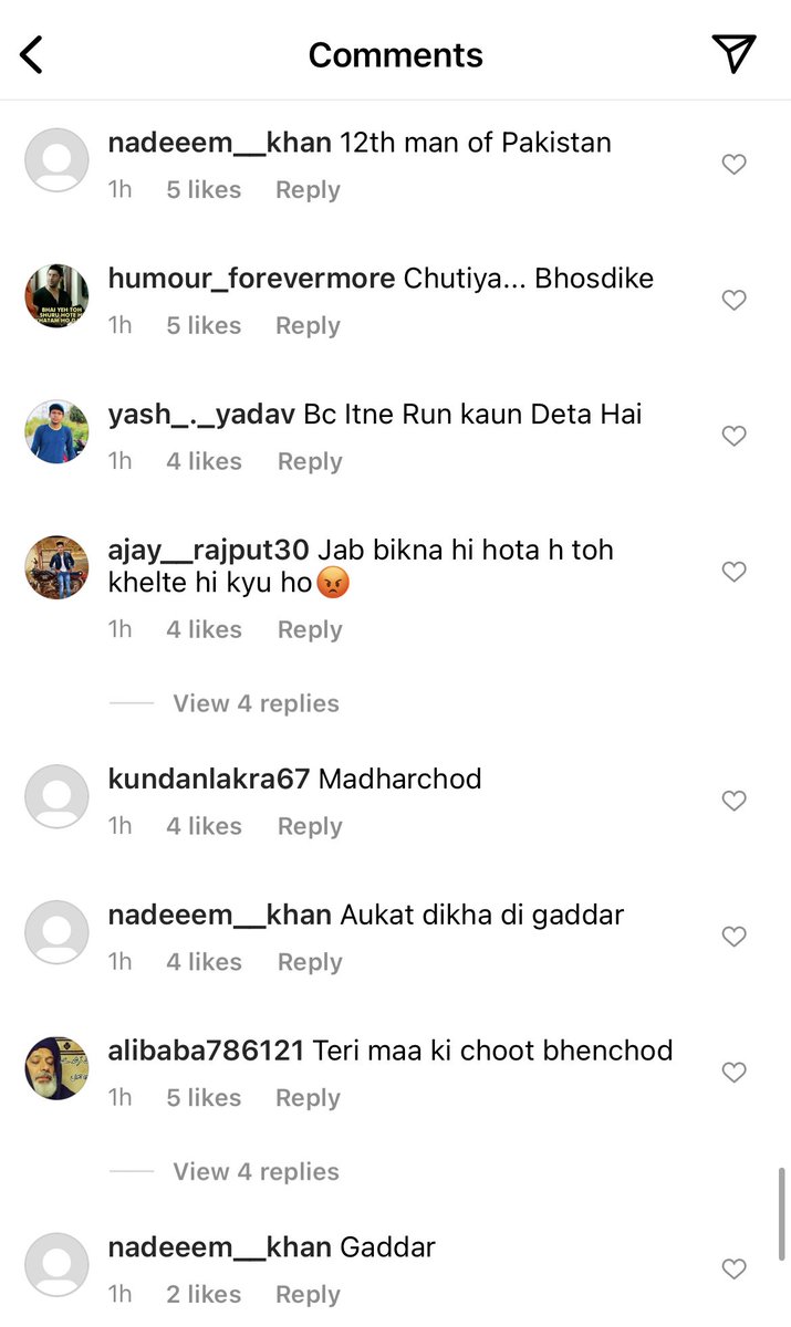 isaifpatel's tweet photo. These are some of the comments on Mohammed Shami’s Instagram account. The hyper-nationalist Indian cricket fans have unleashed worst form of communal abuse on Shami for India’s loss against Pakistan. Not surprised at all because this is what India is famous for. #IndvsPak https://t.co/KCsSzAr5y3