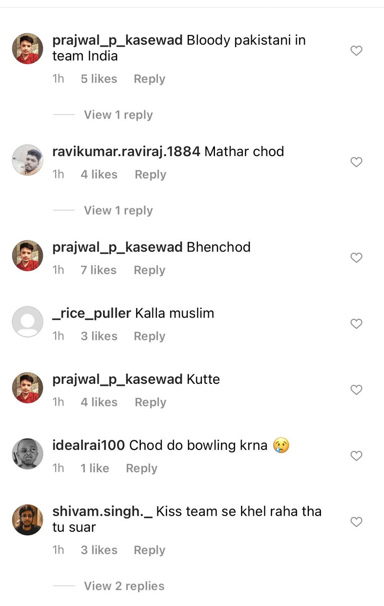 isaifpatel's tweet photo. These are some of the comments on Mohammed Shami’s Instagram account. The hyper-nationalist Indian cricket fans have unleashed worst form of communal abuse on Shami for India’s loss against Pakistan. Not surprised at all because this is what India is famous for. #IndvsPak https://t.co/KCsSzAr5y3