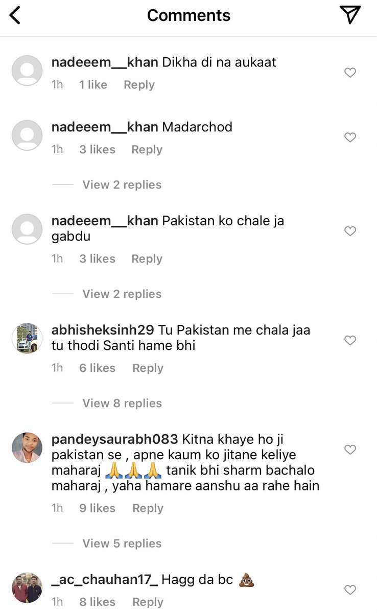 isaifpatel's tweet photo. These are some of the comments on Mohammed Shami’s Instagram account. The hyper-nationalist Indian cricket fans have unleashed worst form of communal abuse on Shami for India’s loss against Pakistan. Not surprised at all because this is what India is famous for. #IndvsPak https://t.co/KCsSzAr5y3