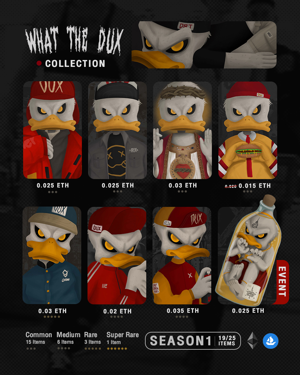 🧨New drop 
What the dux collection. 
Opensea : opensea.io/collection/dux 
you can follow my art work at.👇🏼
Discord : discord.io/Duxy
#NFTs  #NFTsCommunity #nftcollector 
#opensea #NFTartist