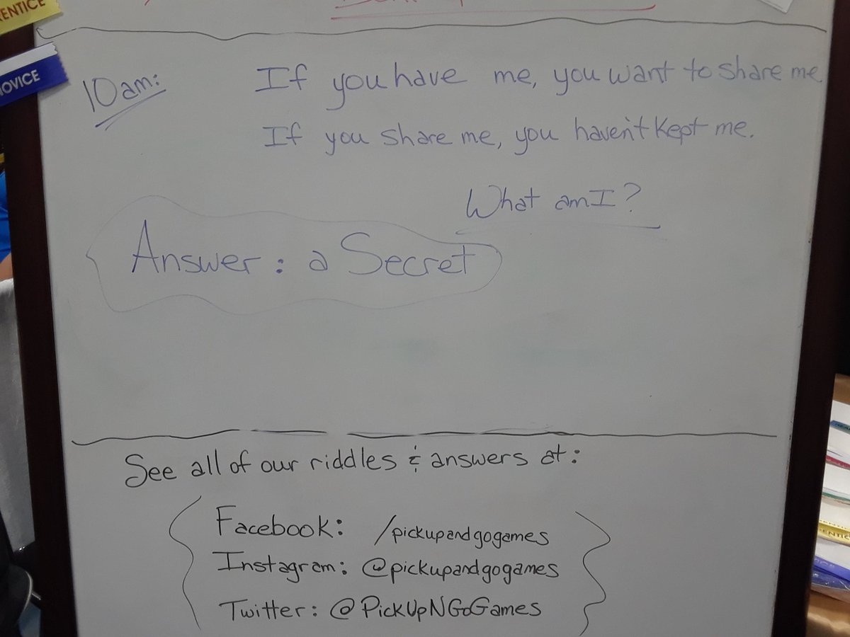 PickUpNGoGames's tweet photo. The 10am riddle and "secret" answer is here and our 12pm riddle only has a little time left on the board at Booth 20/21. At 2pm, we'll be posting TWO riddles for you to solve. End your con strong with us!
#pickupandgogames #gaming #gameholecon #ghc2021 #gamingisforeveryone https://t.co/RdCfqymAll
