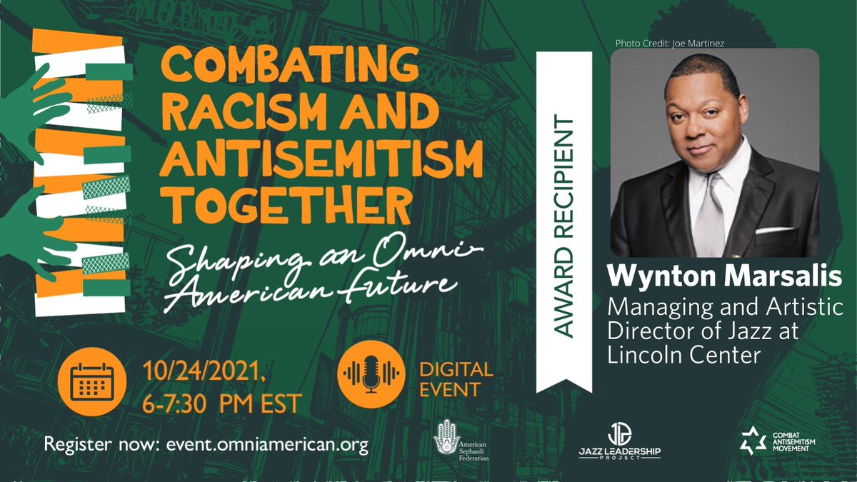 AmericanSephard's tweet photo. Join the #OmniAmericanFuture! Combating Racism &amp; Antisemitism Together Day 1⃣: Stomping the Blues of Racial Essentialism w/Award Honoree @wyntonmarsalis, @ItamarBorochov, @SheenaMasonPhD, @gregthomas22, @AryehTepper, @cvaldary, @Dr_MarlaB, @SachaDratwa,  @FJasmineG, @rgomeally1.. https://t.co/zq2p7zMjqo