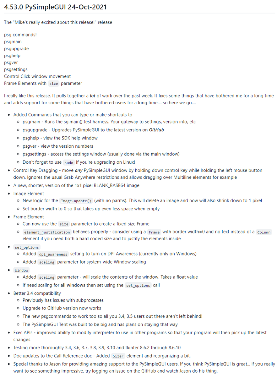 PySimpleGUI's tweet image. #PySimpleGUI release 4.53.0 posted to PyPI.

This is a really good one! Yea, I often say that, but really, it&apos;s good.

The &quot;psg commands&quot; are working GREAT! psgupgrade is all you need to type to get the latest from GitHub installed on your machine. psgmain launches main(), etc.