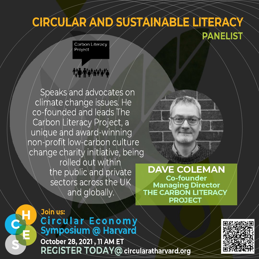 Join us on Oct 28@11am ET to engage with panelist Dave Coleman, co-founder of The Carbon Literacy Project, under the Cooler Projects CIC, that delivers projects &amp; advocacy to create a #lowcarbonfuture. 
Register: lnkd.in/eAikFUcQ
#circularity #sustainability #climatechange