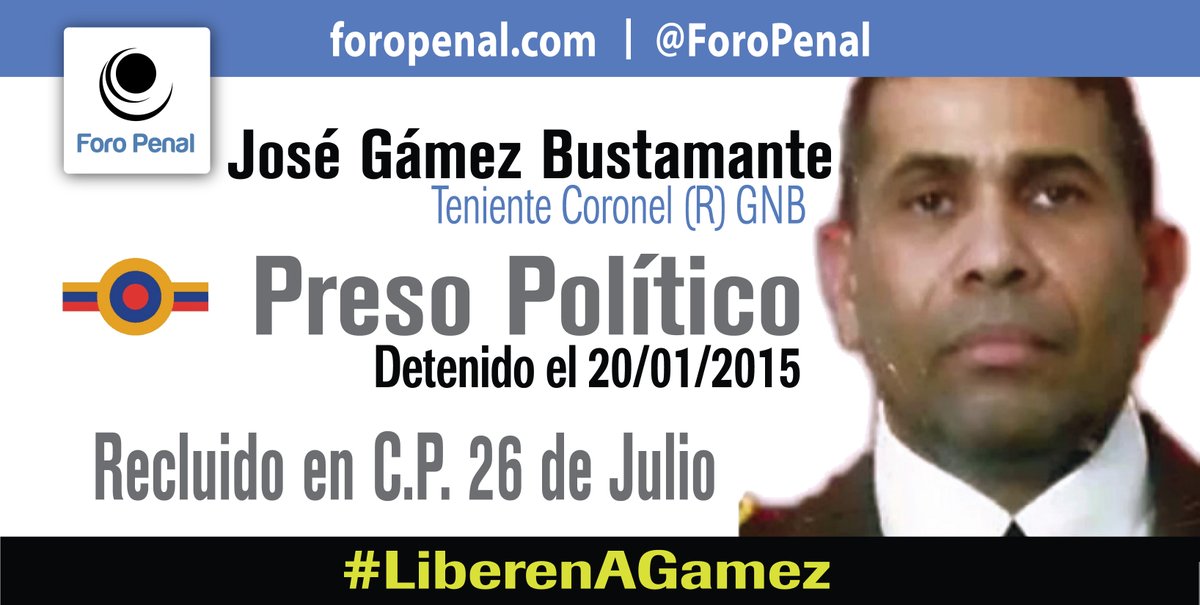 ForoPenal's tweet photo. José Gámez Bustamante: privado de libertad con fines políticos desde el 20/01/2015.
está mal de salud. Ha sufrido 2 ACV y actualmente se encuentra en estado de desnutrición.
#LiberenAGamez #PresoPolitico
Venezuela https://t.co/GjK6rFYFW0