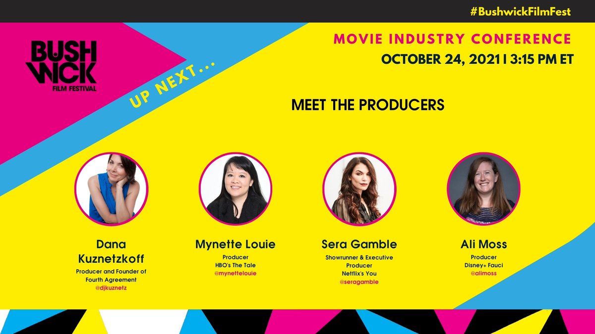 Let's #MeetTheProducers... shall we. The brilliant <a href="/mynette/">Mynette Louie</a>, <a href="/serathegamble/">Sera Gamble</a>, and <a href="/AliMoss/">Alisia Mosser</a> in the house!!! Moderated by the talented @DanaKuz. Join us now: bit.ly/2WNYqc5

#BushwickFilmFest