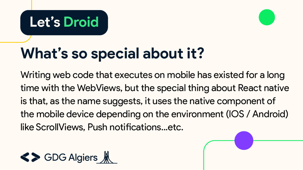 GDG_Algiers's tweet photo. Let's droid is back this week with its third topic: "React Native"!
It's a framework that believes one language is enough to build applications on IOS, Android, even the webπ. With good ability at using native components of mobile devices
#gdg_algiers #wtm_algiers #lets_droid https://t.co/xjb4KzjopO