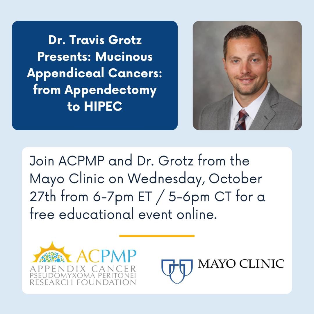 acpmpresearch's tweet photo. THIS WEDNESDAY! Please join us for a free, educational webinar ft. Dr. Grotz from the Mayo Clinic in MN.

Co-hosted by ACPMP &amp; our Patient Advisory Council members who lead the Minnesota Appendix Cancer Allies.

Register here: https://t.co/5VzV6jEeCo https://t.co/CoEBp3a6Lc