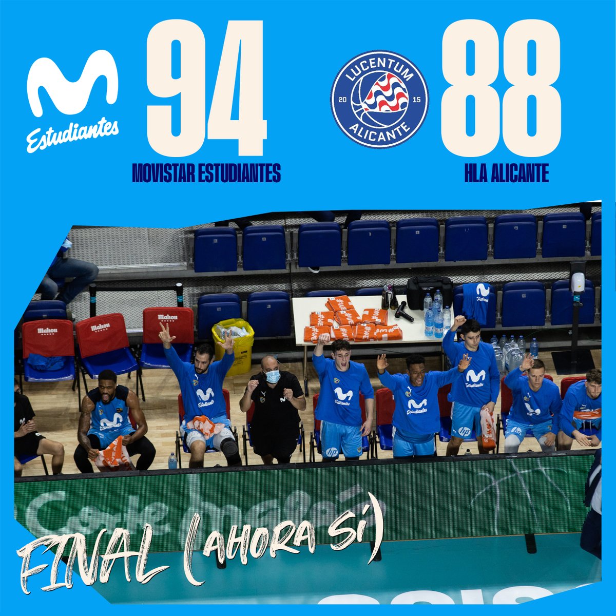 MovistarEstu's tweet photo. FINAL

@movistar_es Estudiantes 94-88 @FundLucentum 

La cuarta llega en la prórroga de la mano de un espectacular @lfaggiano12 

#MovistarEstudiantesHLAAlicante #LEBOro https://t.co/bM0FMhV54b
