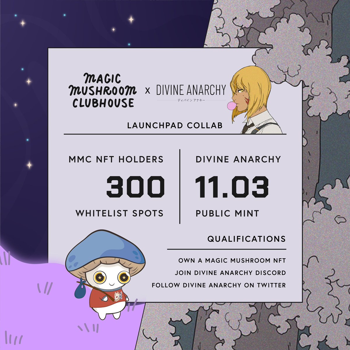 MushClubhouse's tweet photo. Divine Anarchy Launchpad Collab 🚀 

300 whitelist spots exclusive to Magic Mushroom Clubhouse NFT holders 

To qualify you must: 
- Own a Magic Mushroom Club NFT 
- Follow @divineanarchy on Twitter 
- join the Divine Anarchy discord

Winners will be announced in the MMC discord https://t.co/rcvAYSZltB