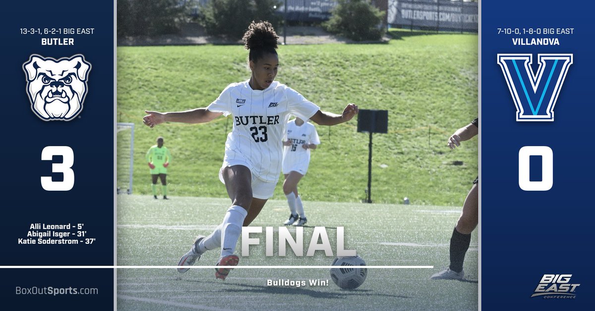 ButleruWSoccer's tweet photo. A final from Villanova! Bulldogs defeat the Wildcats and return to Indianapolis for their final regular season match on Thursday, Oct. 28. https://t.co/XqQ7d7rMkH