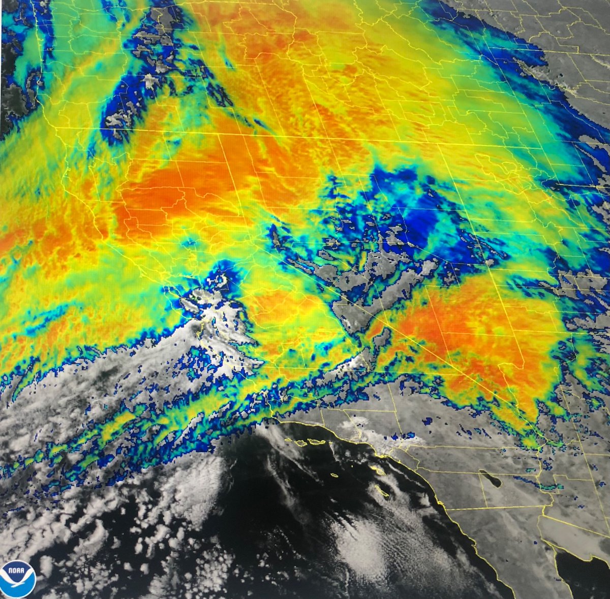 LawrenceKarnow's tweet photo. This is Infrared Satellite image of our storm. The yellow and orange the colder cloud tops and more intense storms. Those storms are now moving south into the North Bay and soon the rest of the Bay Area. We have a long way to go! Watch @kron4 news for the latest! https://t.co/awsmGREMtV