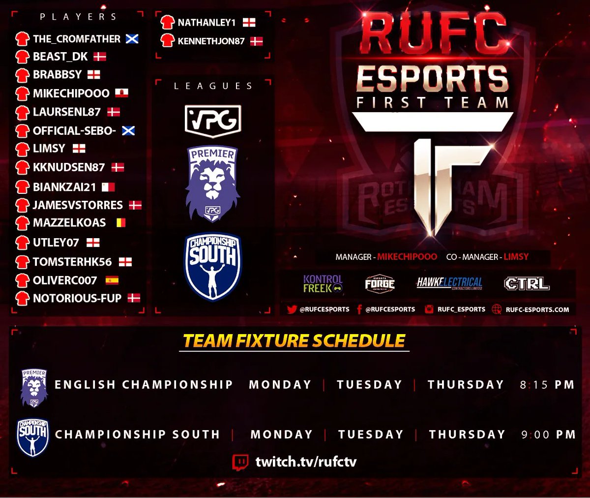 ANNOUNCEMENT NUMBER 3
And here is our FIRST TEAM (PS4)
<a href="/CtrlEnergy1/">Ctrl_Energy</a> <a href="/KontrolFreek/">KontrolFreek</a> <a href="/HawkelectricalL/">Hawkelectrical Contractors Limited</a> <a href="/OfficialRUFC/">Rotherham Miller</a> <a href="/OfficialVPG/">Virtual Pro Gaming</a> <a href="/VPGEurope/">Virtual Pro Gaming | Europe</a> 
A mixture of old faces and new!
UTM ⚽️🎮⚽️🎮⚽️🎮⚽️
