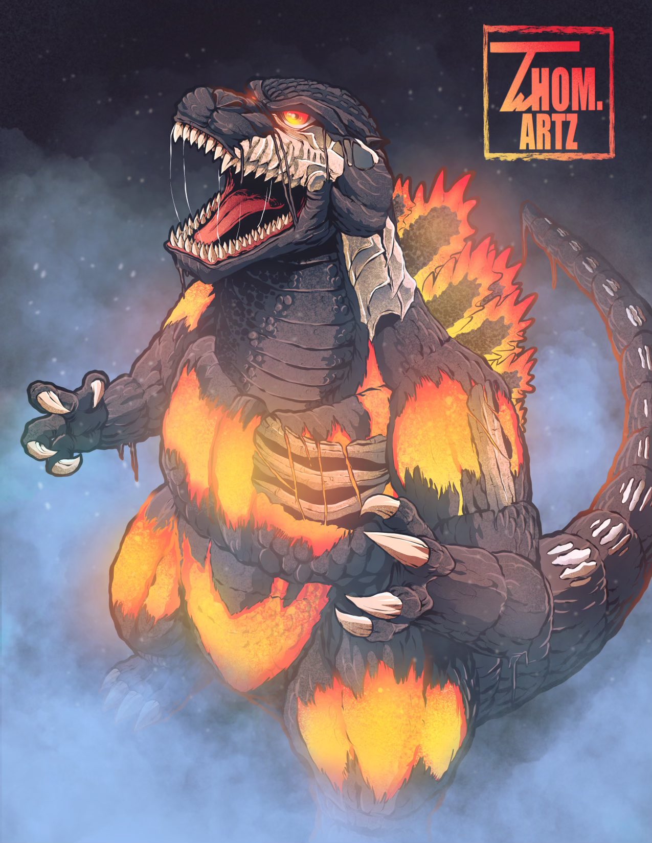 Quilmer on X: "RT @thomdotartz: Finished my Burning Godzilla (melting)  piece. Finally hitting some good efficient marks. 8hrs. #godzilla #gojira # burn…" / X