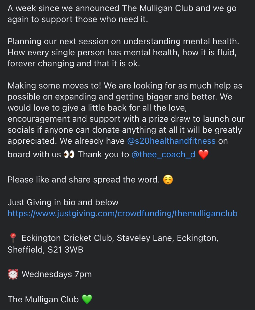 nathanmuss's tweet photo. We go again for all those out there who require support with Mental Health.

📍 Eckington Cricket Club, Staveley Lane, Eckington, Sheffield, S21 3WB

⏰ Wednesdays 7pm

The Mulligan Club 💚

#ItsOkayToNotBeOkay 
#mentalhealth #MentalHealthMatters  #Sheffield #Sheffieldissuper https://t.co/NgIJQZFCEs