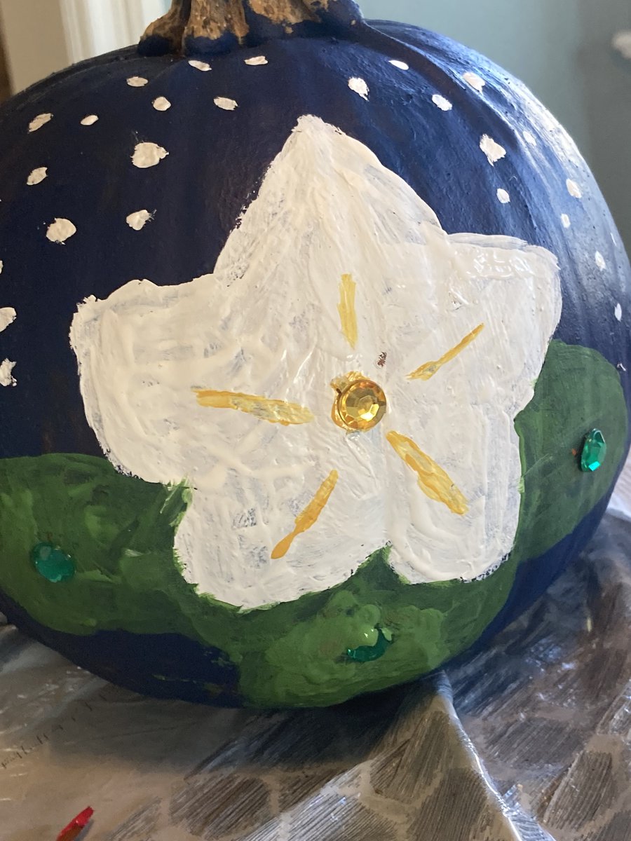 smol_halo's tweet photo. Painted pumpkins today and I decided to make this Bly Manor moonflower one for Amelia! She LOVED it which made me so happy!!! 🥰❤️ Thank you so SO much to Goldrush and to Amelia Eve for an amazing day! Love you both so much! #GoldRushEvents #S3Weekend https://t.co/lvrlfVqLRh