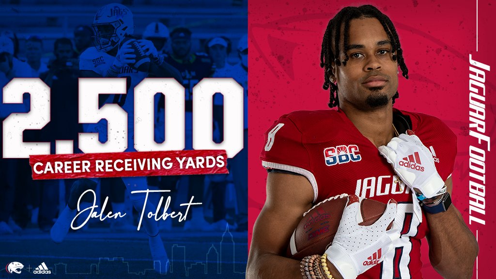 -4️⃣ 100-yd games this season✔️
-7️⃣ 100-yd games in his career✔️
-Another milestone in the Jaguar record books✔️

<a href="/Jalen8Tolbert/">Jalen Tolbert</a> continues to get it done this fall. 😤

#LEO #explOsive #SunBeltFB
