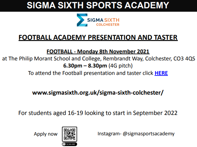 Fantastic opportunity for young footballers to attend the Sigma Sixth Football Academy in 2022
The evening will consist of a presentation &amp; taster for interested players &amp; parents who wish to play a great standard of football alongside a top education. 

Details below⬇️⚽️👍