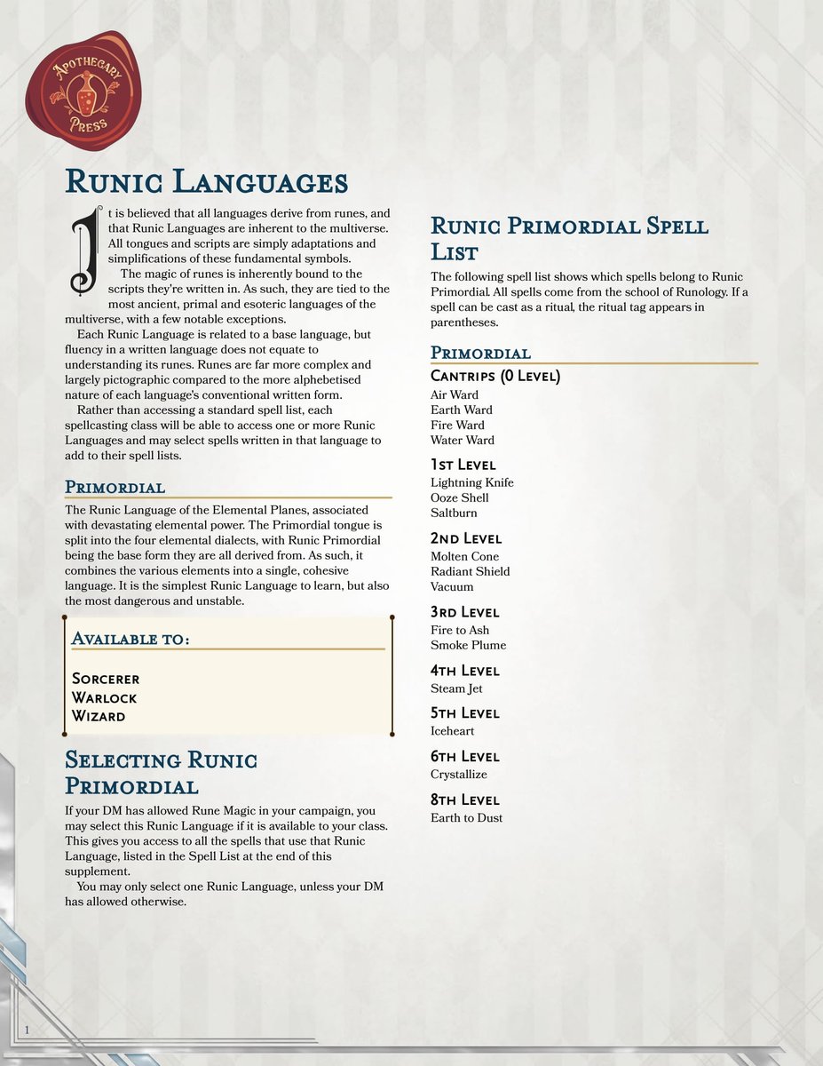 How could I forget Runic Primordial!? We released it a few weeks back on Patreon and just made it publicly available today!
#dnd5e #dndhomebrew #ttrpgfamily 
old.reddit.com/r/UnearthedArc…