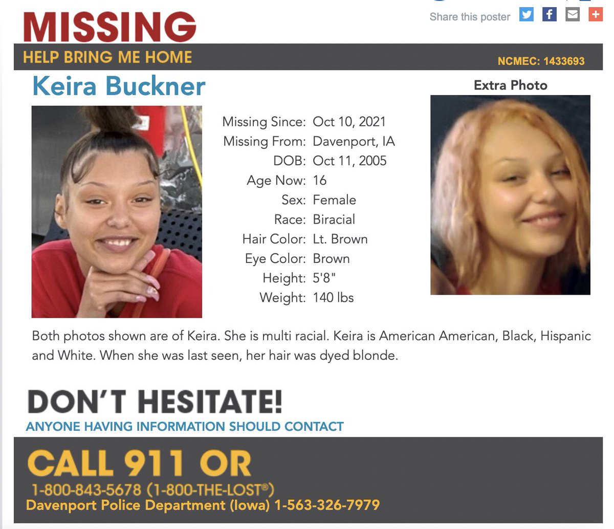 UsaMmiw's tweet photo. ๐MISSING๐
KEIRA BUCKNER
Missing from Devenport, Iowa since October 10, 2021
#mmiw #mmiwg #missingandexploitedchildren #findourmissing #findourgirls #iowa #missinginiowa #NativeTwitter https://t.co/doNcGsNiIr