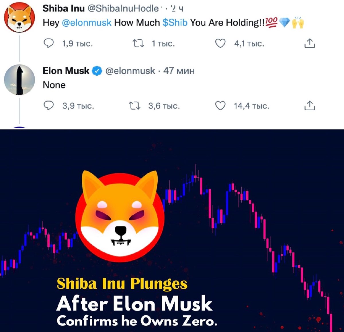 BeleckiiZhenya's tweet photo. Cena SHIB spadła o 27% za minutę.

Tacy faceci z shitcoin biura Shiba Inu siedzą, myśląc, jaki dobry dzień.  Pompujmy $Shib.  I piszą na swoim Twitterze: „Cześć Musk, ile naszych shib trzymasz?”

 – Wcale nic – odpowiada Musk.
 
Boom !!! https://t.co/xuBST2j9G7