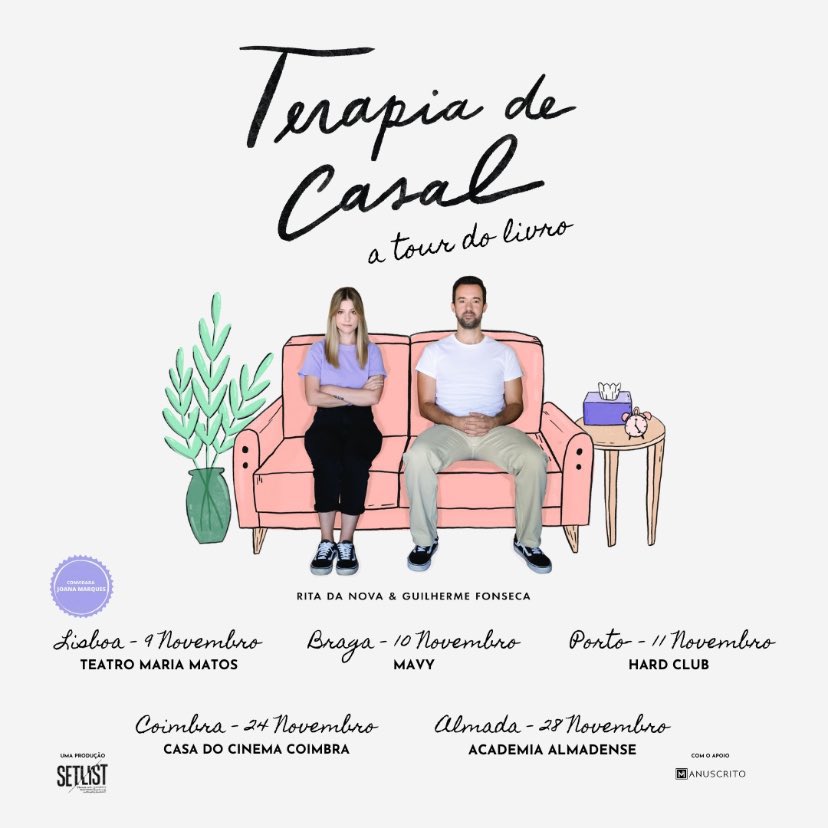 Guilherme Fonseca e Rita da Nova, responsáveis pelo podcast "Terapia de Casal", vão andar pelo país com episódios ao vivo. Será uma "book tour", já que o casal lançou recentemente um livro com 15 textos de cada um.

Os bilhetes entre 12 e 15 euros já estão na Ticketline.