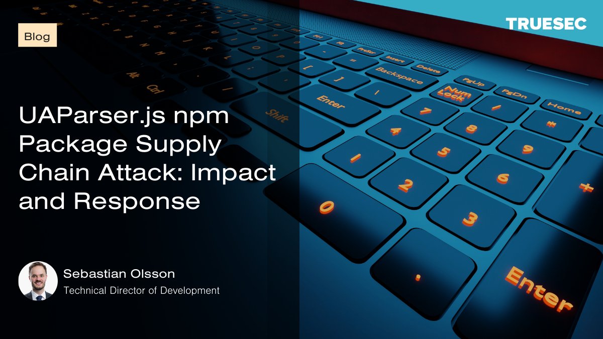 Truesec's tweet photo. UAParser.js was hijacked to deliver malware in a supply chain attack. ➡ This #Truesec blog post by @seolsson describes the key elements of the attack, and how to determine if you were affected. #npm #UAParser #SupplyChain
https://t.co/PDZeYm5x5G https://t.co/jlSmRXo5HB