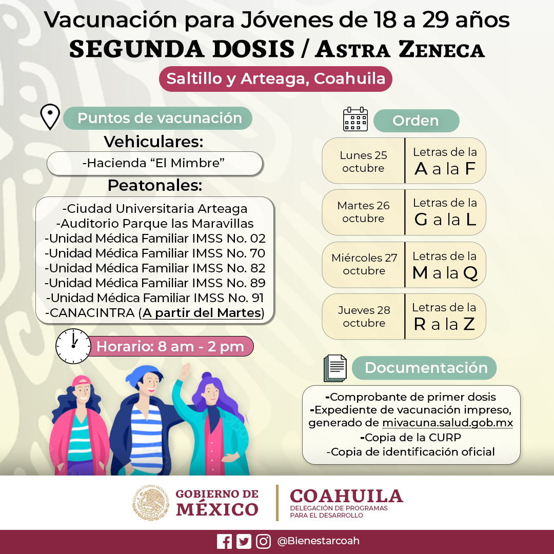 📌Este lunes iniciamos la aplicación de la Segunda Dosis de Astra Zeneca a jóvenes de 18 a 29 años en #Saltillo y #Arteaga.
