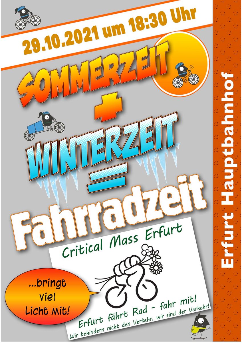 #Ankündigung #CriticalMassErfurt #SaveTheDate 
anstehende #OktoberCM nächsten Freitag, 29. Oktober

Start: 18.30 Uhr  #Bahnhofsvorplatz #Erfurt

Wir blockieren nicht den Verkehr, wir sind der Verkehr.

Bitte bringt Freunde, gute Laune &amp; #FahrradLichter mit.
Fahrt mit, Masse wirkt