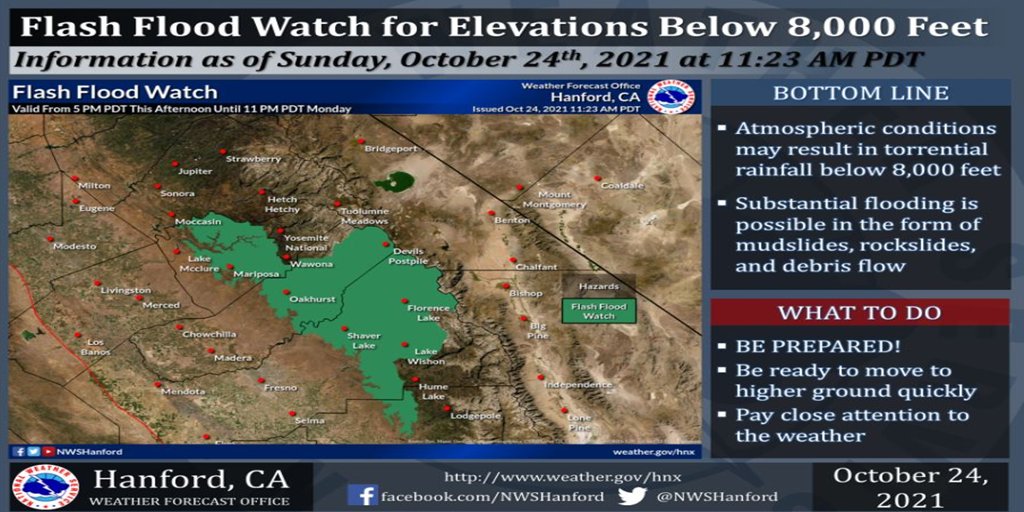 The first seasonal precipitation is upon us for Central California as well, please be prepared! Fire burn scar areas can be impacted significantly.
Flash Flood Watch--Stay Alert, Stay Safe!