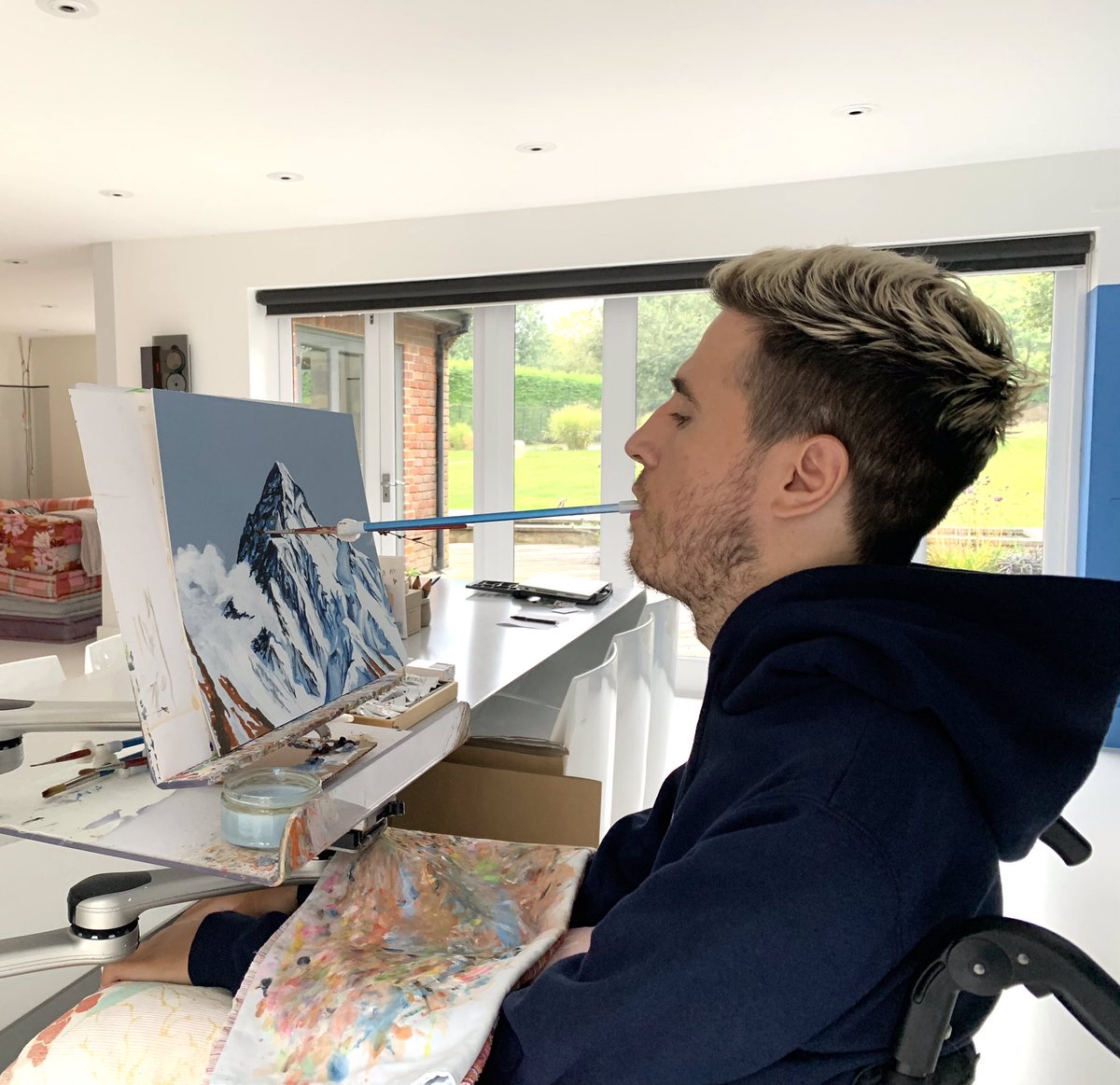 henryfraser0's tweet photo. My mouth painting - K2 (with cloud).

I paint with my mouth because I’m unable to move anything from the tops of my shoulders down. https://t.co/ytUcM6yMWC