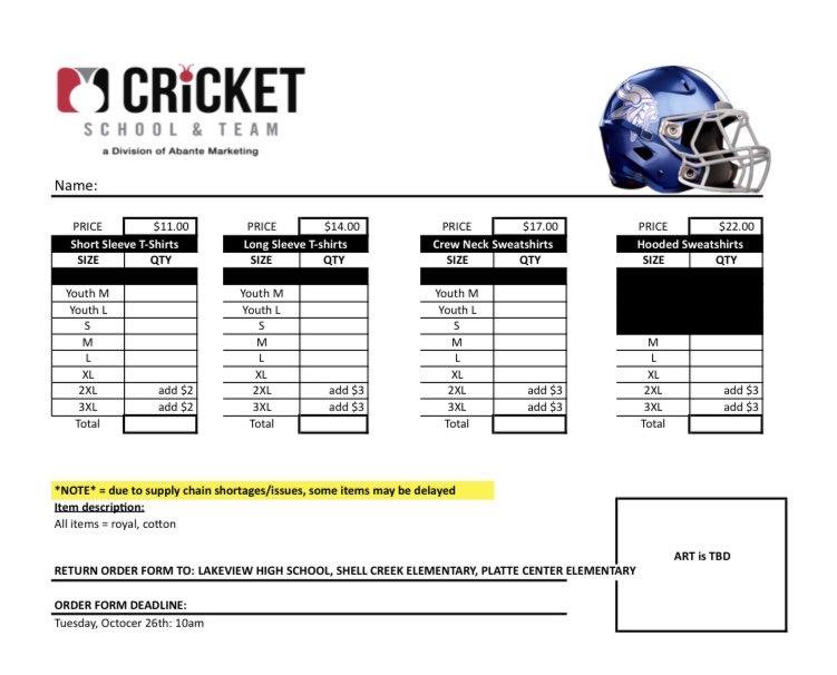 2021 State Playoff T-Shirt order forms are now available! Orders are due at all Lakeview Attendance Centers by 10:00 am Tuesday morning! Order forms will also be sent out tomorrow via Bright Arrow. T-Shirts will be available for pickup Thursday night.🤞#lakeviewvikes #threecheers