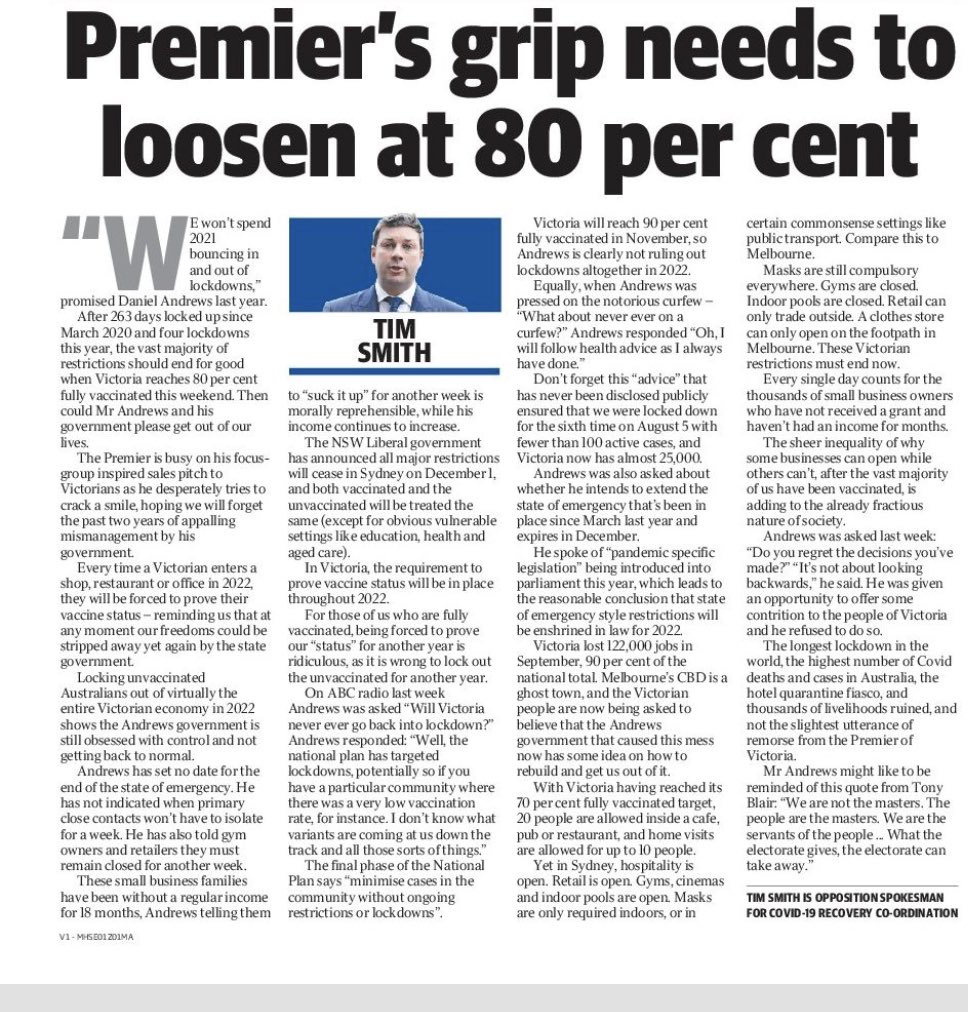 Enough is enough, the vast majority of restrictions should end for good next week when Victoria reaches eighty percent fully vaccinated. Then could Mr Andrews and his government please get out of our lives.