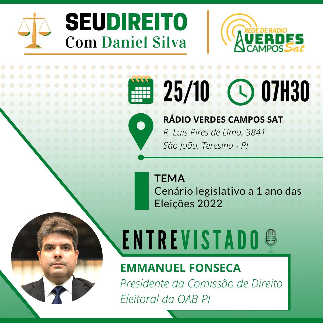 danielsilvapi's tweet photo. Nesta segunda-feira (25) vamos estrear o quadro 'SEU DIREITO' na Rádio Verdes Campos Sat, às 7h45.

E o meu convidado para a estreia é o advogado Emmanuel Fonseca, presidente da Comissão de Direito Eleitoral da OAB-PI.

#seudireito
#radioverdescampossat
#direitoeleitoral https://t.co/6cYlQW1k8r