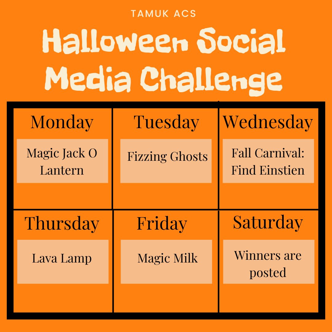 tamukacs's tweet photo. Hey, Javelinas! Want a chance to win an ACS Spooky basket??? Check out the cool challenges we have for this week leading up to Halloween hosted by us starting tomorrow, October 25th! https://t.co/tdG8YecHHP