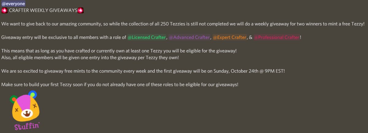 BuildATezzy's tweet photo. 🧸WEEKLY GIVEAWAY🧸

Make sure to head over to our discord to be eligible for our weekly Tezzy giveaway! 
Check out the announcement here for more information on our weekly giveaways! Ends tonight!😄

#tezos #CleanNFT #NFT #NFTGiveaways #NFTCommunity #nftcollectors #NFTcollection https://t.co/vptQoPN1eA