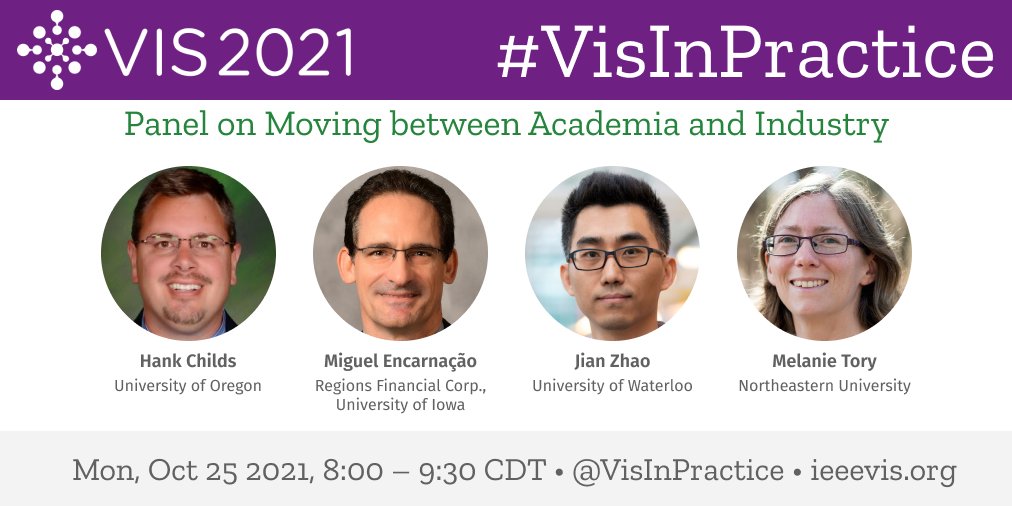 VisInPractice's tweet image. Thinking of leaving academic #dataviz for an industry job? Or vice versa?

Our first #VisInPractice 2021 panel at @ieeevis is dedicated to
"Moving Between Academia and Industry".

featuring panelists Hank Childs, @mencarna, @jeffjianzhao, and @vizstudylady, moderated by @zcliu