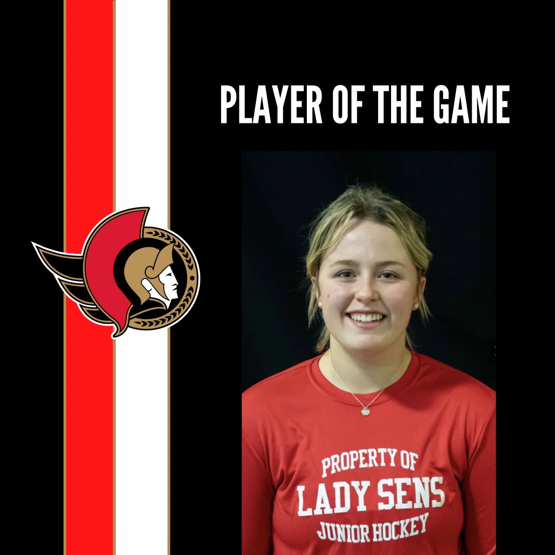 OttawaLadySens's tweet photo. Final of today’s game in Kingston.

🚨 @mackenziebeggs1 
🍎 @HarrieJones7 

@NaomiBaechler stood tall between the pipes saving 22 of the 23 shots she faced https://t.co/XofzWBJ7BV
