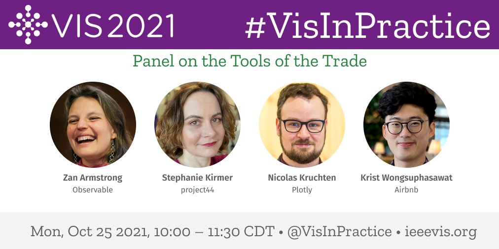 VisInPractice's tweet image. What is the landscape of #visualization development in 2021?

Our second #VisInPractice 2021 panel at @ieeevis is dedicated to the "The Tools of the Trade"

featuring panelists @zanstrong, @data_stephanie, @nicolaskruchten, and @kristw and moderated by @mckennapsean