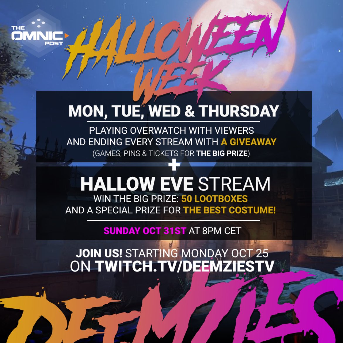 DeemziesTV's tweet photo. And now with the correct dates. A week of spooky Overwatch streams and giveaways! And a chance to win 50 Halloween Terror lootboxes on Sunday! Join us, starting tomorrow on https://t.co/J7eRtMNs43 unless u are 🐓#twitch #stream #overwatch #halloween #fun #spooky https://t.co/LoRh3epiSO