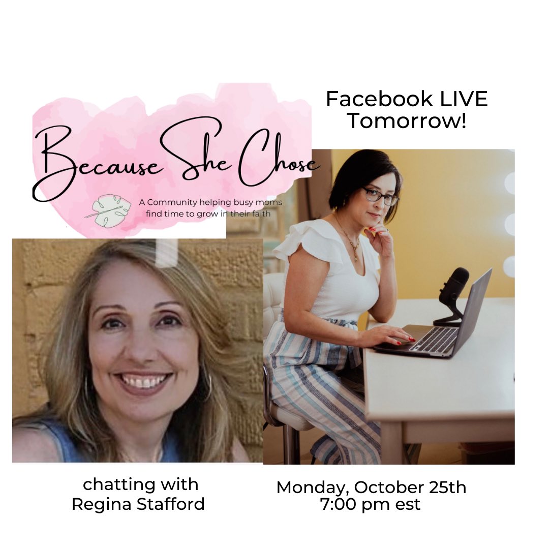CamilleMcIntyr's tweet photo. Looking forward to chatting LIVE on our Because She Chose Facebook Group tomorrow at 7:00 pm est with my sweet friend and sister in ministry, Regina Stafford, NYU Certified Life Coach, Author and blogger. Join our community discussion here:
https://t.co/TyrabJ83LJ https://t.co/YJ05G7vcIq