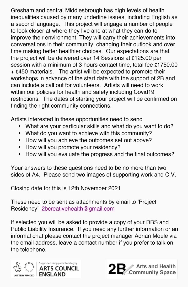 2B thank you lottery player, lover of the arts. Reaching out for the community 
<a href="/ace_national/">Arts Council England</a> Lottery Funded project grants.
Meeting Between Spaces 2 #artist #opportunities  #support #community #engagement see below.
<a href="/Transitions_17/">Transitions17</a> <a href="/TeesTweets/">Teesside Tweets</a>
contact @2bcreativehealth@gmail.com