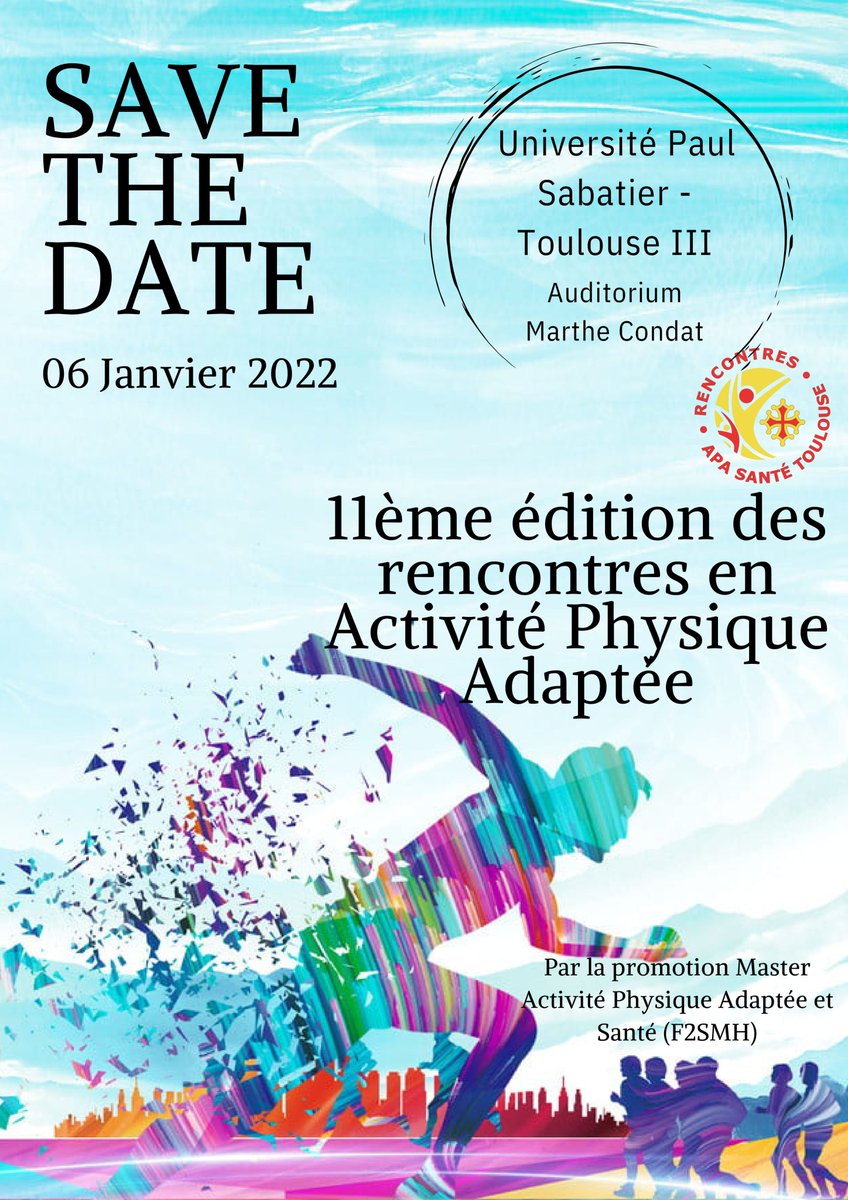 rapastoulouse's tweet image. La 11ème édition des rencontres en APA arrive à grands pas !

RDV le 6 JANVIER 2022 à l&apos;@UT3PaulSabatier dans l&apos;auditorium MARTHE CONDAT.

L&apos;annonce du thème et le déroulement de la journée seront dévoilés prochainement !
#rapastoulouse #apas #staps #toulouse #sportadapté