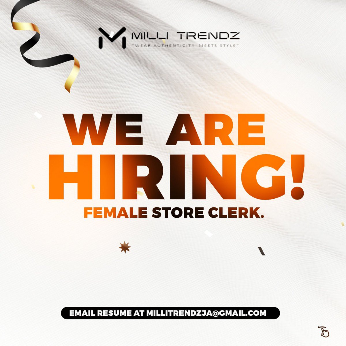 millitrendzja's tweet photo. Come and be apart of our team. We are searching for a female store clerk and it could be you! 😉

Send in your resumes and application letters to millitrendzja@gmail.com by October 26, 2021. 

“Wear Authenticity Meets Style”

For more details, contact @millitrendzja https://t.co/GTKuud5Ic7
