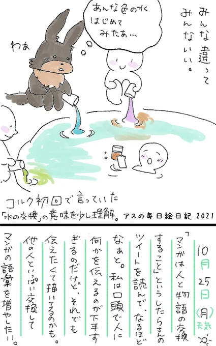 同期さんの漫画を読むと「こういう世界があるんだ」って感動する。自分になくて、自分が欲しいものを描いている作品に惹かれる。
コルクラボは水の交換だと言っていた。私は、水は青いと思い込みすぎているなぁ。色々混ぜ合わせて新しい水を汲んでいきたい。

#コルクラボマンガ専科 #アスの毎日絵日記 